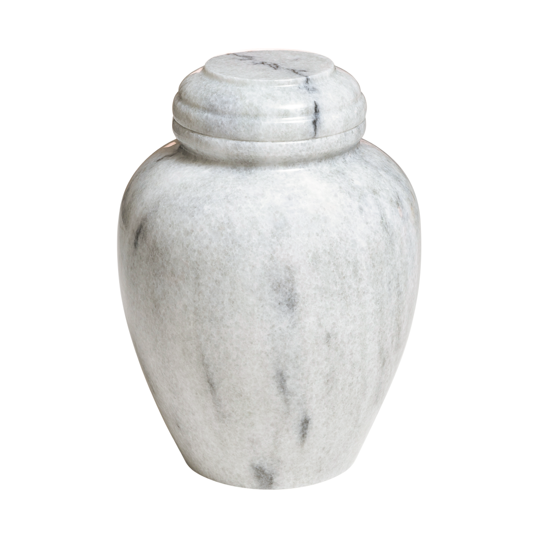 Carrera marble cremation urn with polished white natural stone and elegant gray flecking in a classic vase design