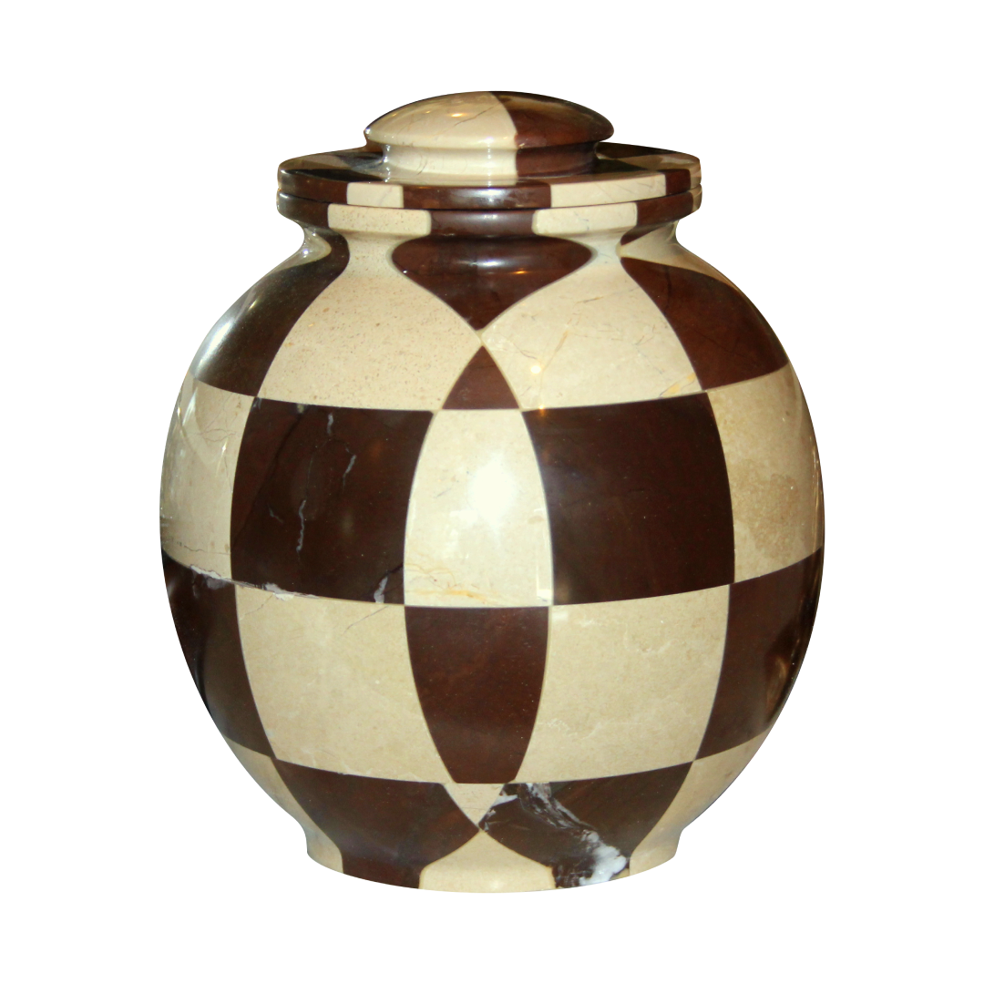 Triumph Cameo & Chocolate mosaic marble cremation urn with handcrafted natural stone pattern and polished finish