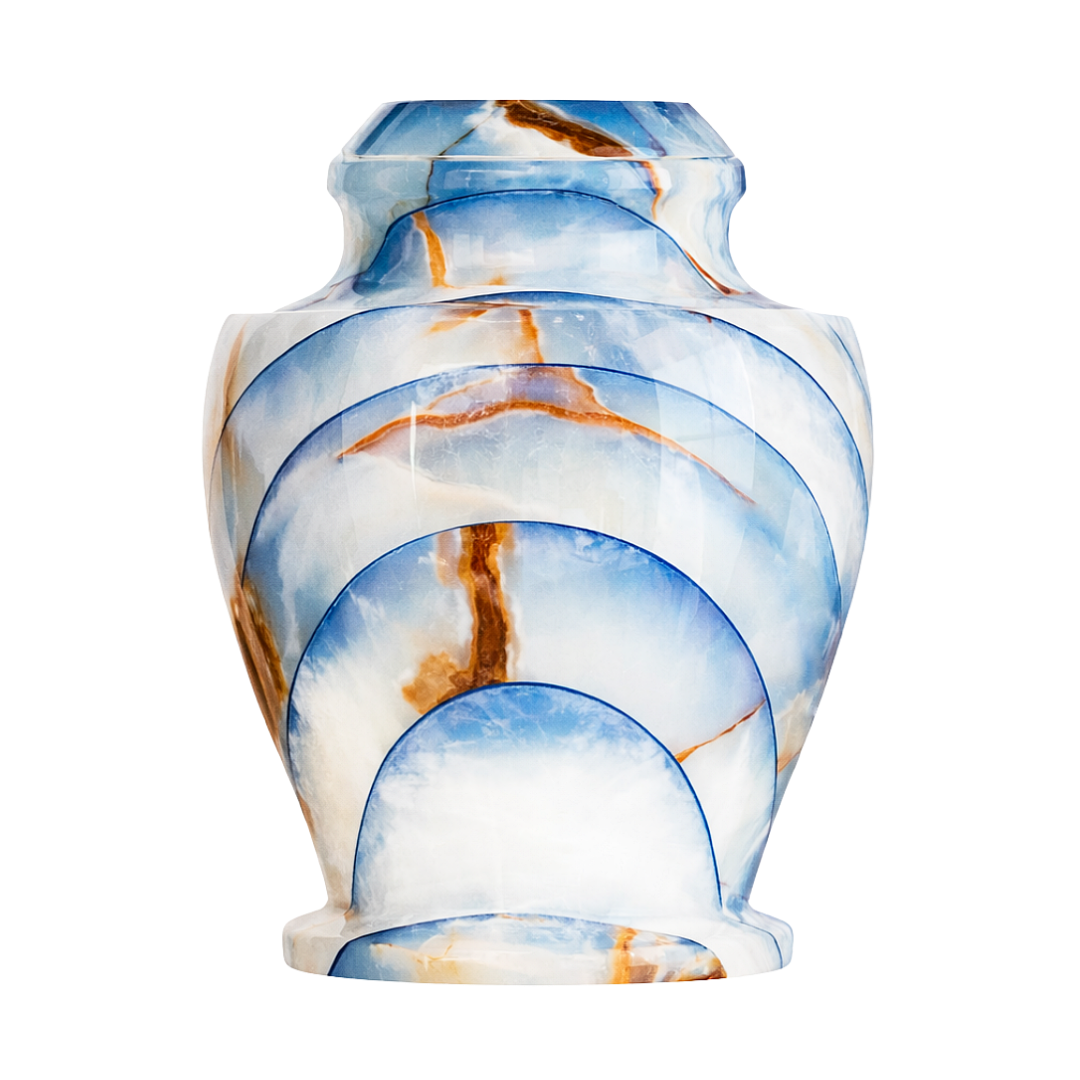 Carpel Blue Onyx cremation urn with polished radiant blue natural stone, layered cloud patterns, and warm brown marbling