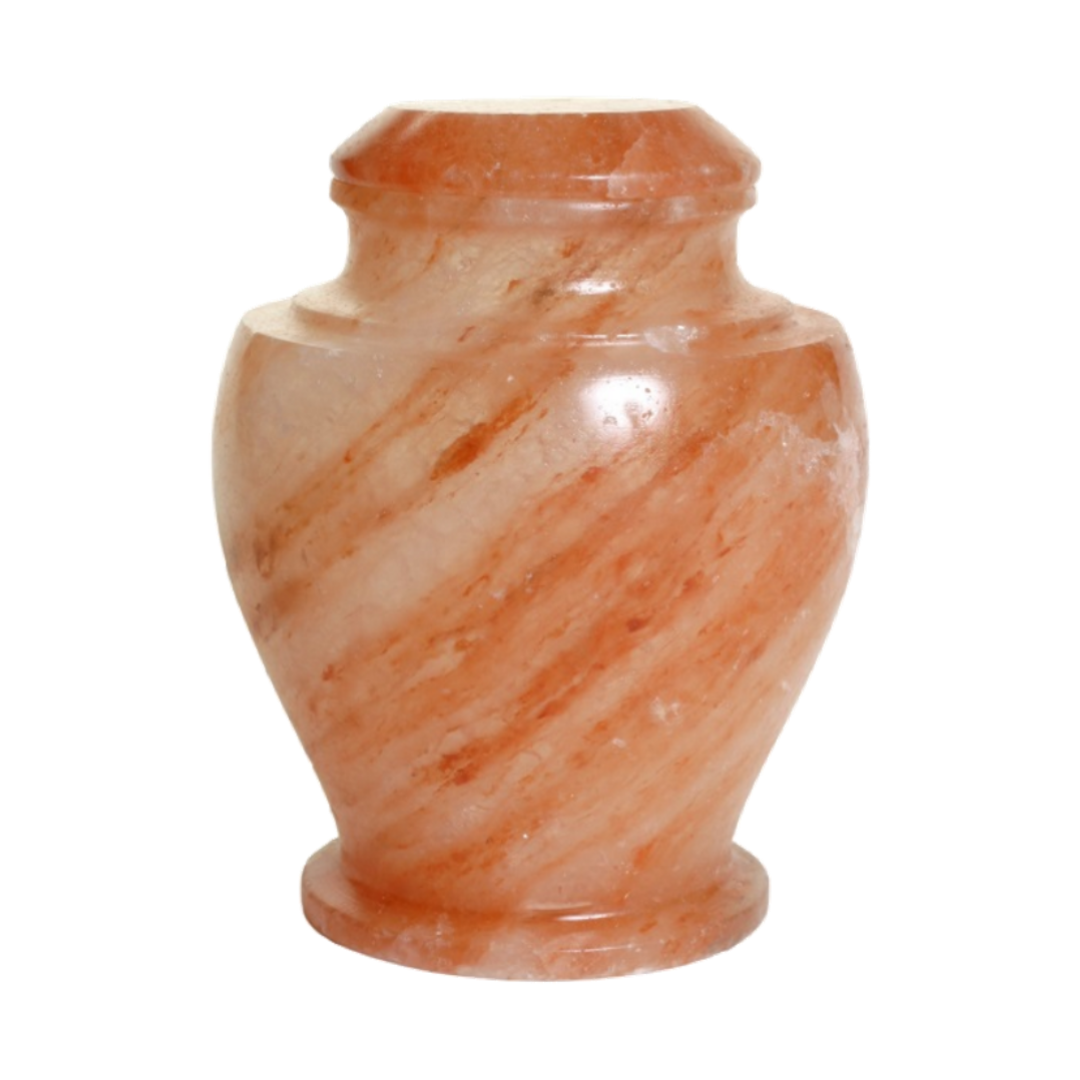 Carpel Himalayan Rock Salt cremation urn with polished warm terracotta natural stone and white marbled veining in a vase design