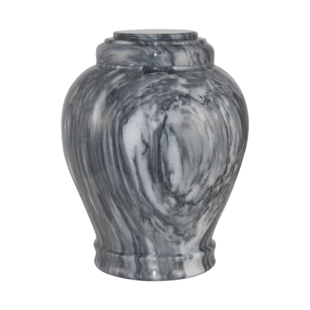 Embrace Cashmere Gray marble cremation urn with polished gray natural stone, white veining, and subtle black undertones
