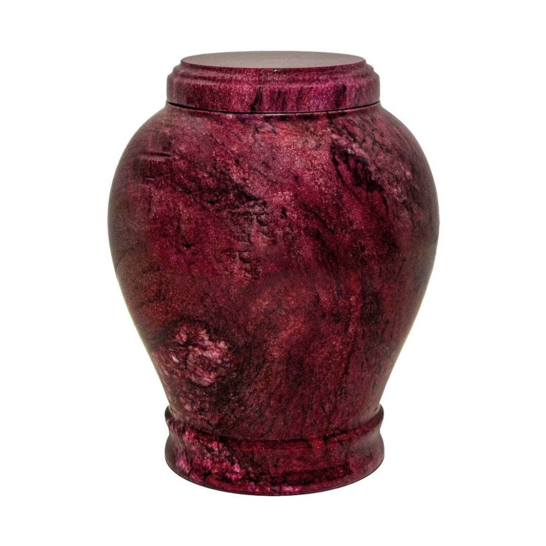 Embrace Red adult vase cremation urn crafted from rich red natural marble with dark veining and polished memorial design