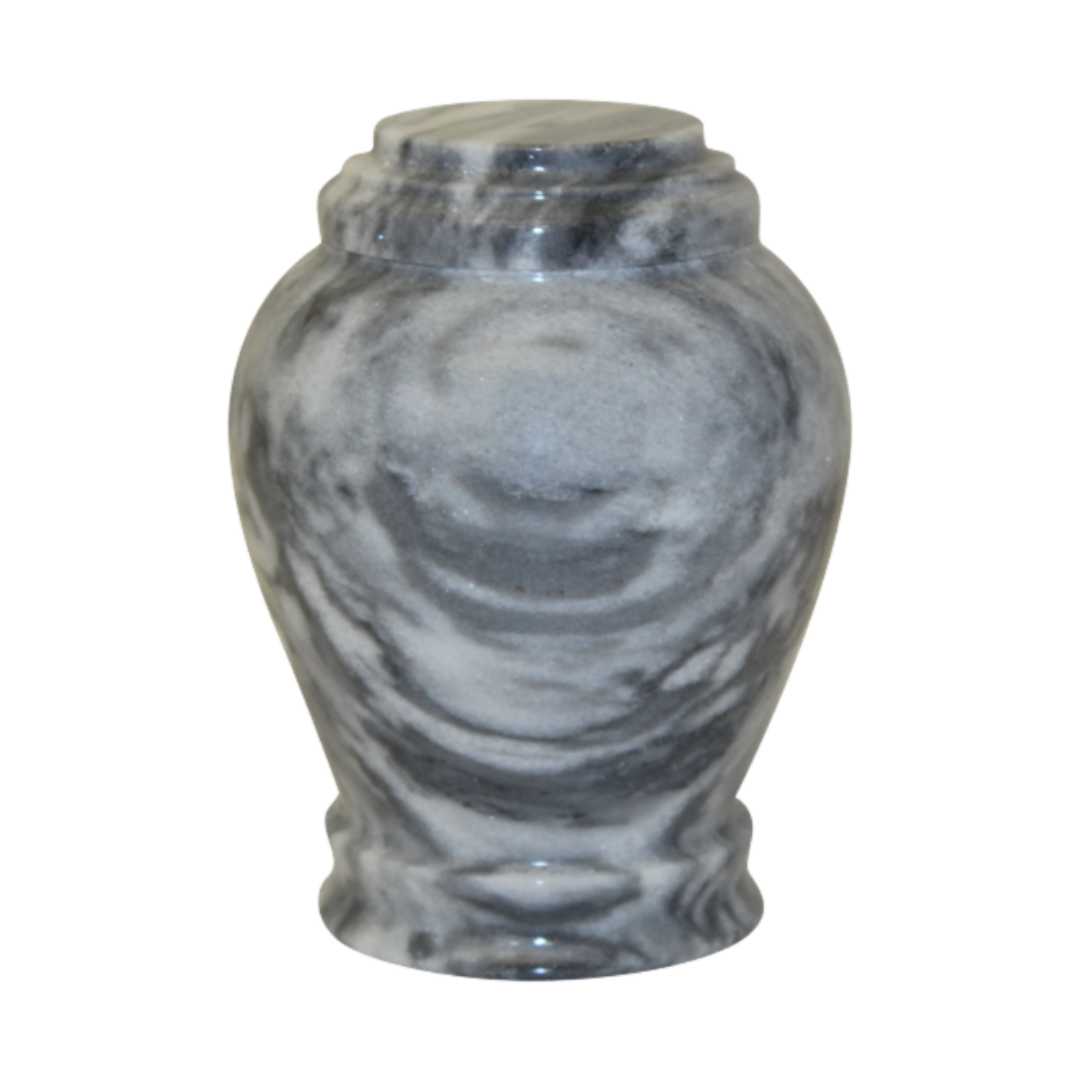 Embrace Cashmere Gray marble keepsake urn with natural gray stone veining and a seamless polished memorial finish