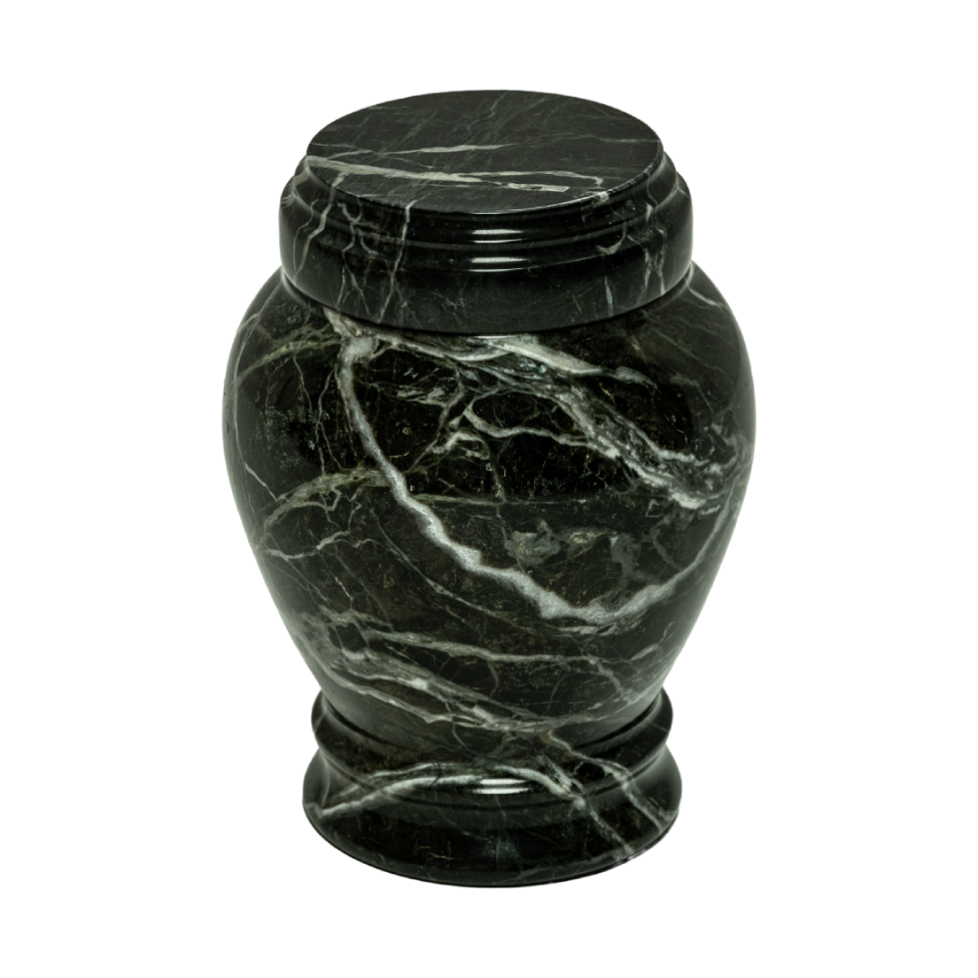 Embrace Green Zebra marble keepsake urn with natural stone veining and a seamless polished memorial finish