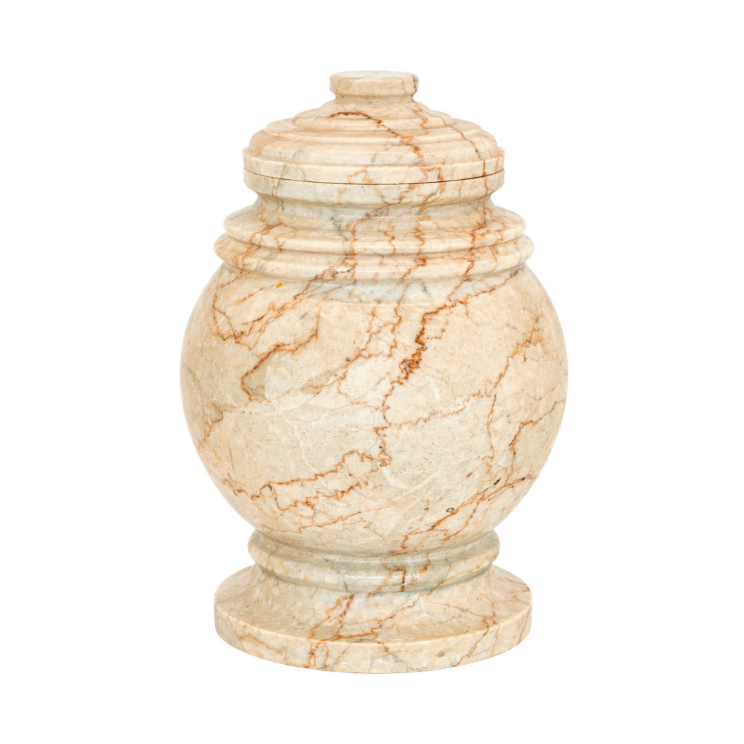 Princess Cameo marble keepsake urn in tan natural stone with brown and pink veining and a seamless polished finish