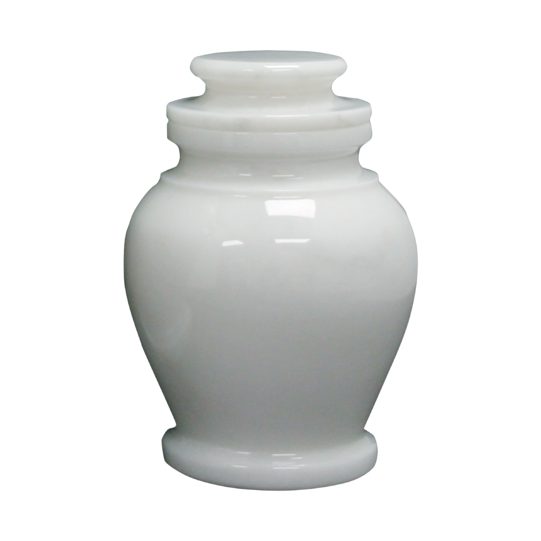 Serenity Antique White marble keepsake urn with natural white and light gray veining and a seamless polished stone finish