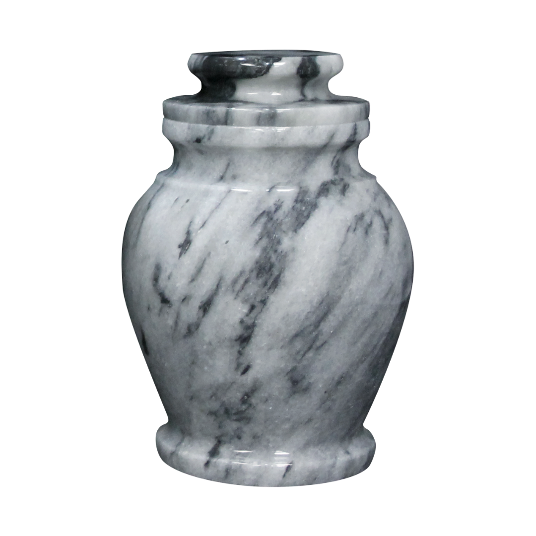 Serenity Cashmere Gray marble keepsake urn with polished mid-gray natural stone and soft white and black veining
