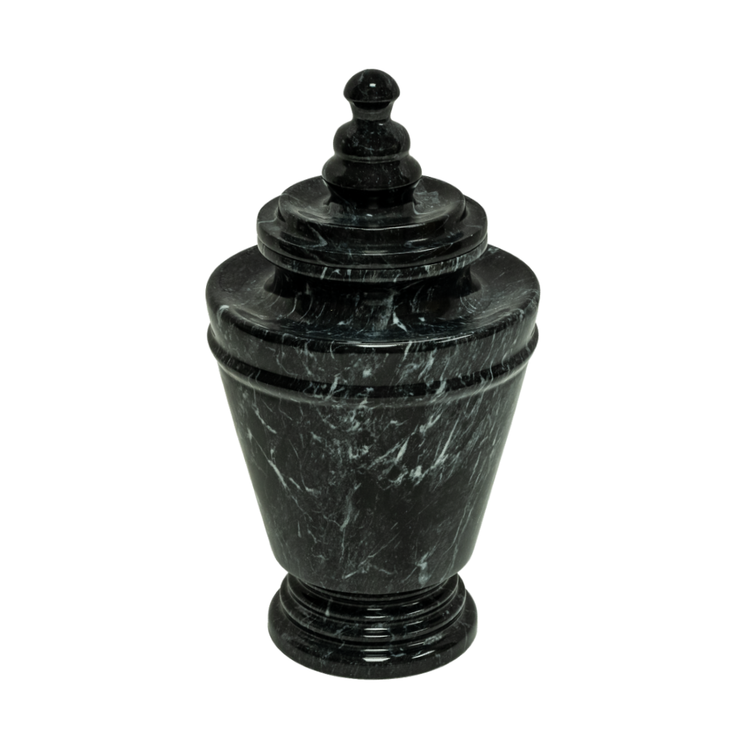 Trophy Ebony marble keepsake urn crafted from polished black natural marble with light gray veining and elegant memorial design