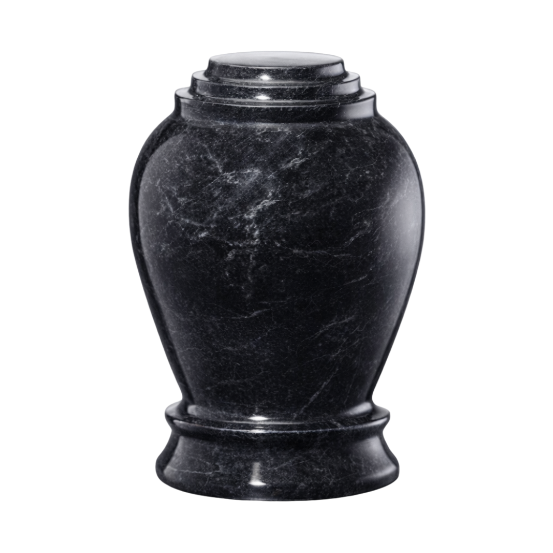 Embrace Ebony marble memento urn crafted from polished black natural marble with subtle veining in an elegant vase-shaped design