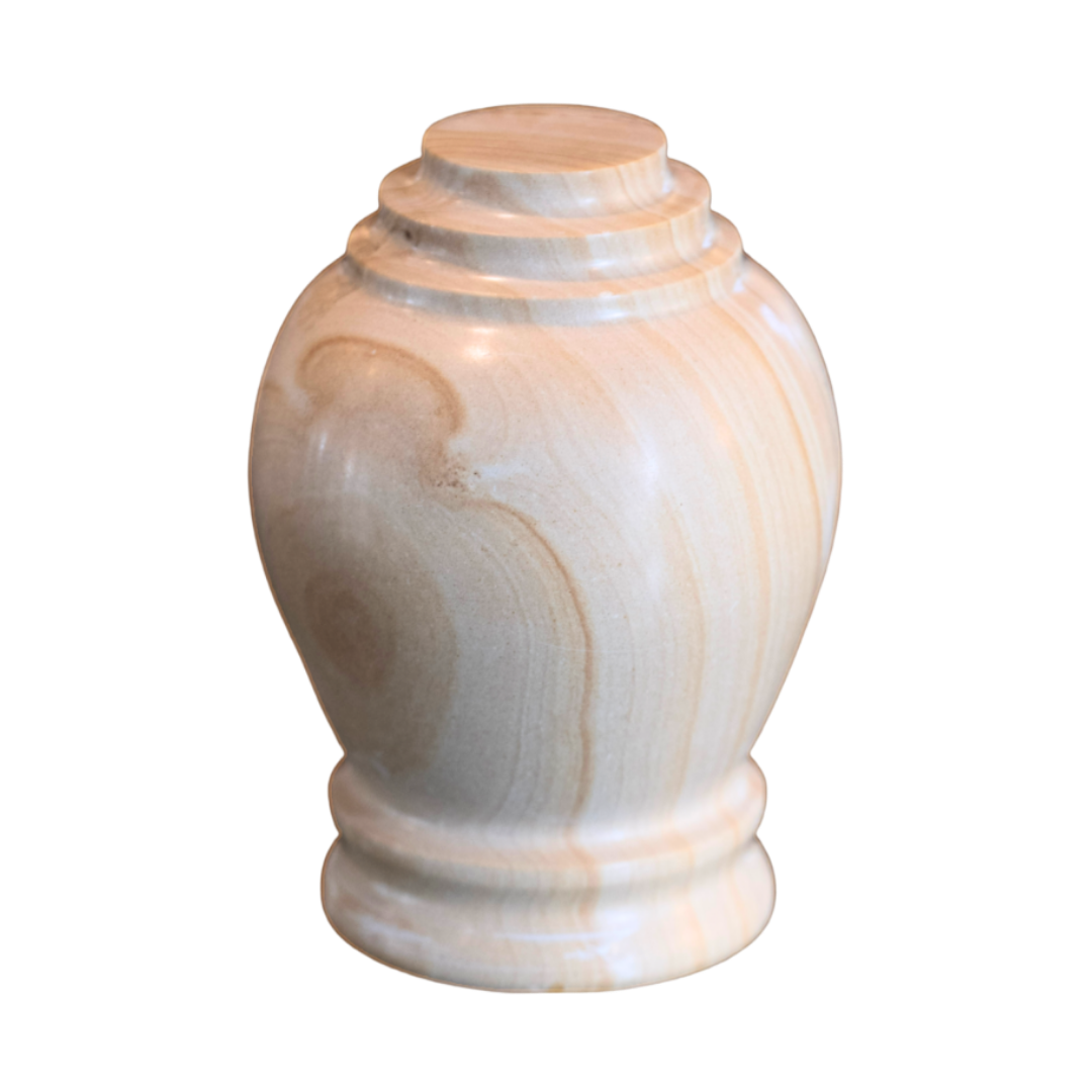 Embrace Teak marble memento urn crafted from natural stone with warm wood-inspired tones and polished vase-shaped design