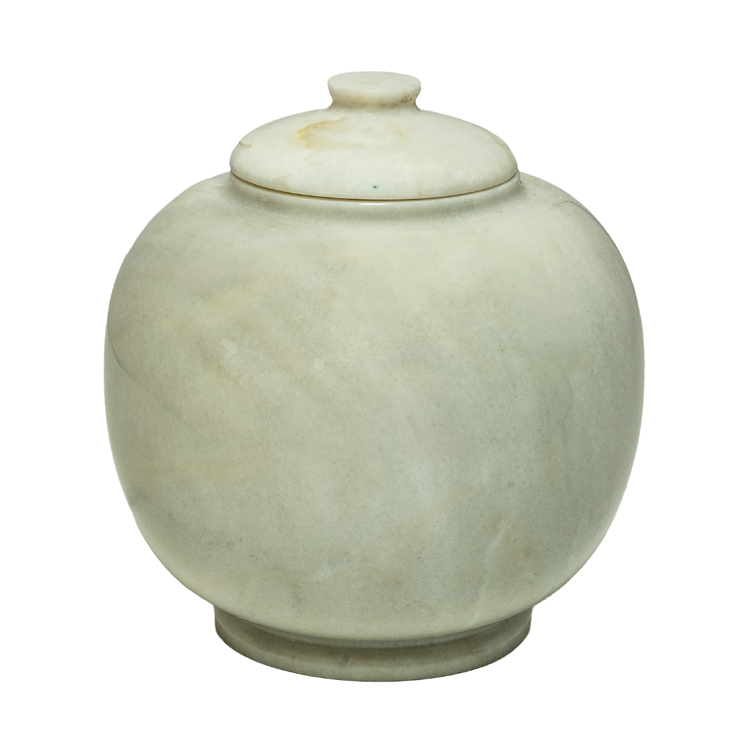 Antique White marble pet urn with warm ivory stone, subtle natural veining, and elegant engraved memorial design