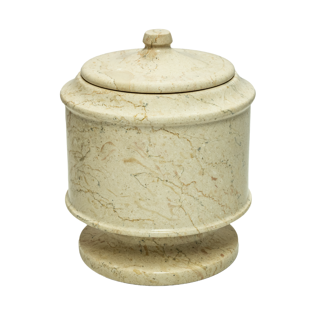 Cameo marble pet urn with creamy beige natural stone, white and golden-brown veining, and a polished memorial finish