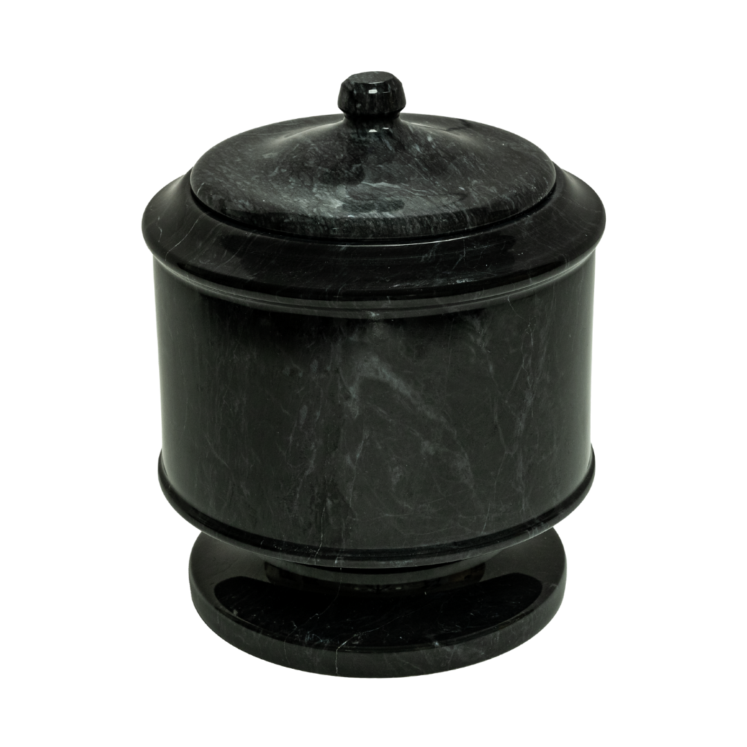 Ebony marble pet urn with polished black natural stone featuring bold white and light gray veining for a lasting memorial