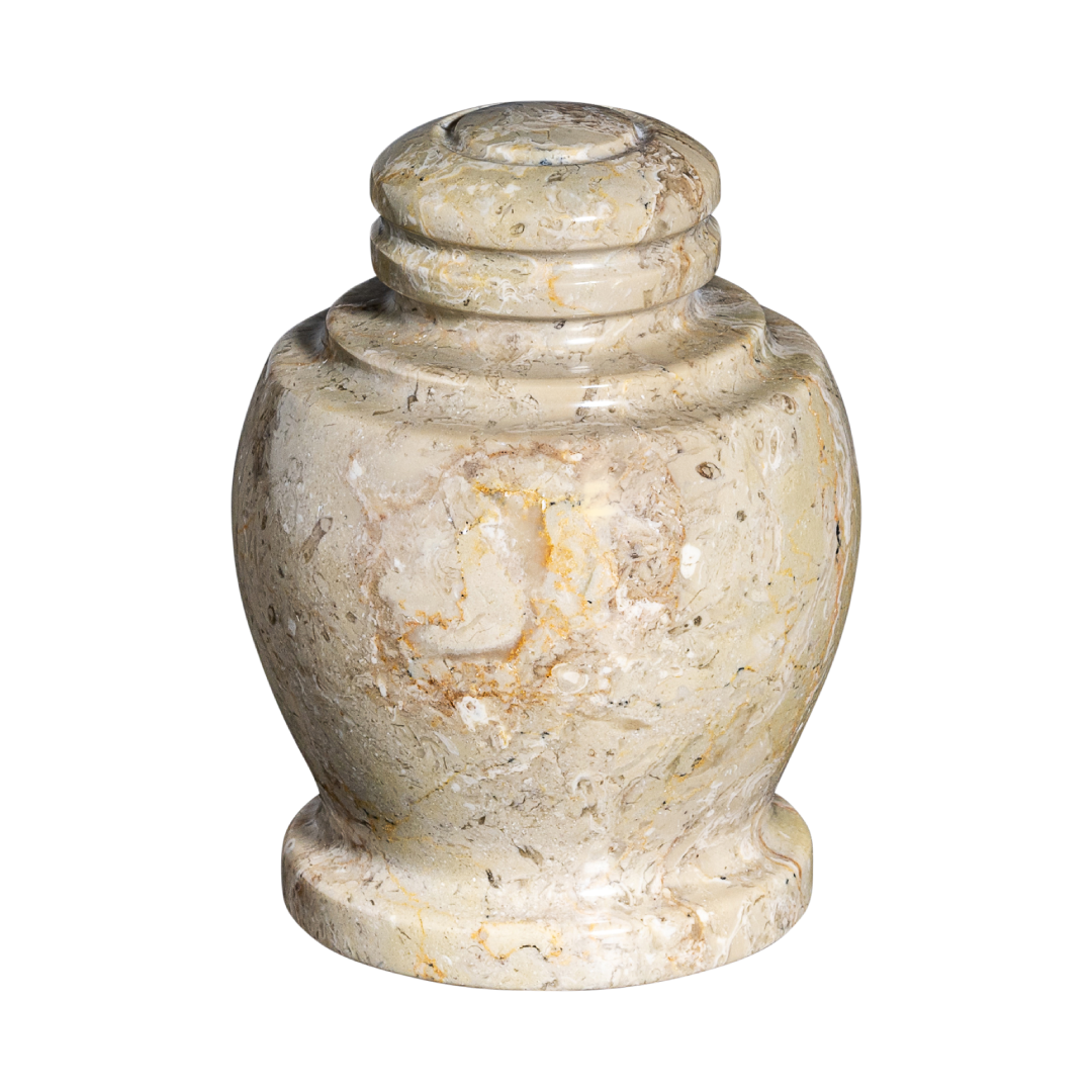 Sand Mini Cameo marble keepsake urn with polished beige natural stone and subtle veining in a classic vase design