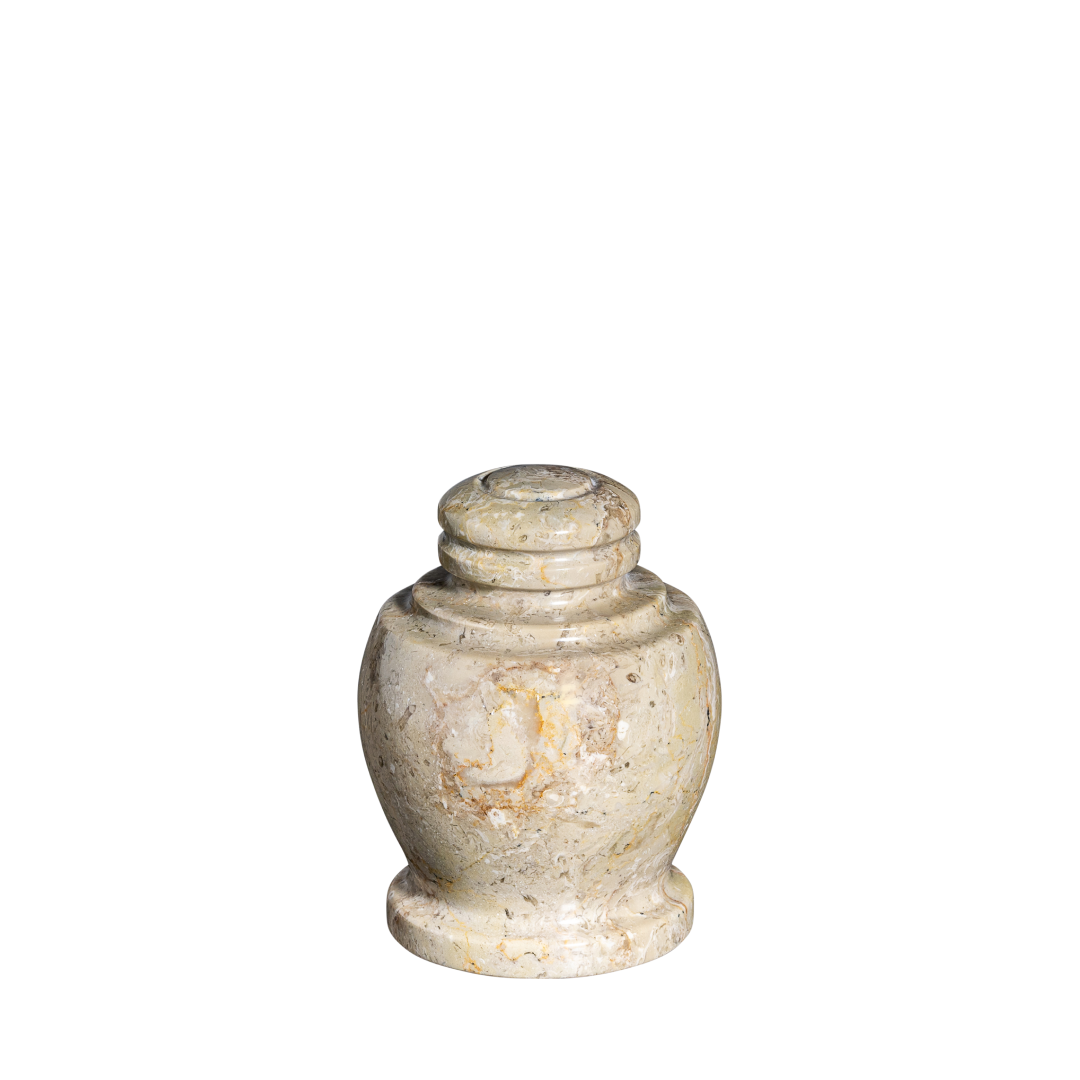 Sand Mini Cameo marble keepsake urn with polished beige natural stone and subtle veining in a classic vase design