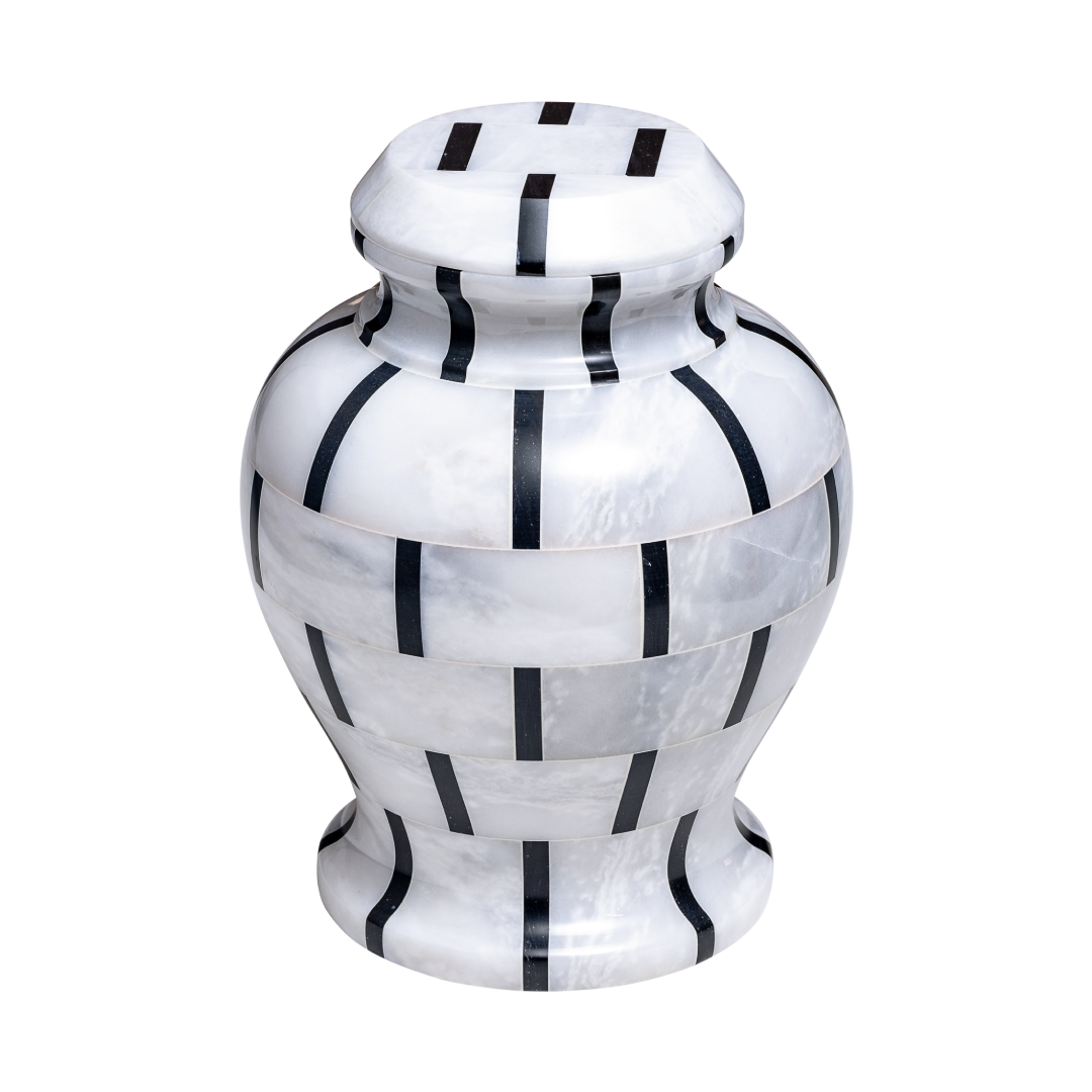 Worthington black and white marble cremation urn with handcrafted geometric pattern and polished natural stone finish