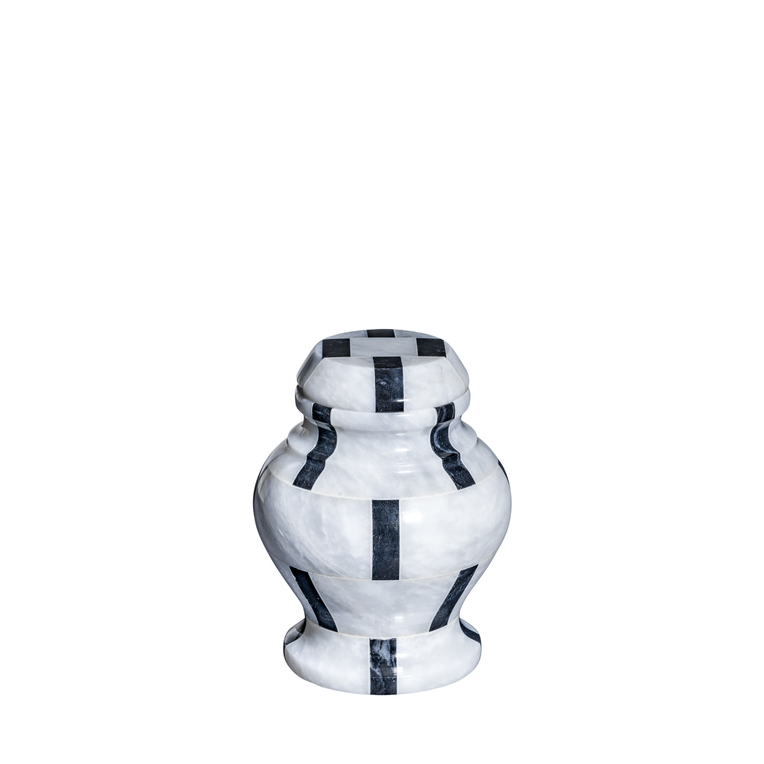 Worthington black and white marble keepsake urn with handcrafted geometric pattern and polished natural stone finish
