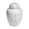 Carrera marble cremation urn with polished white natural stone and elegant gray flecking in a classic vase design