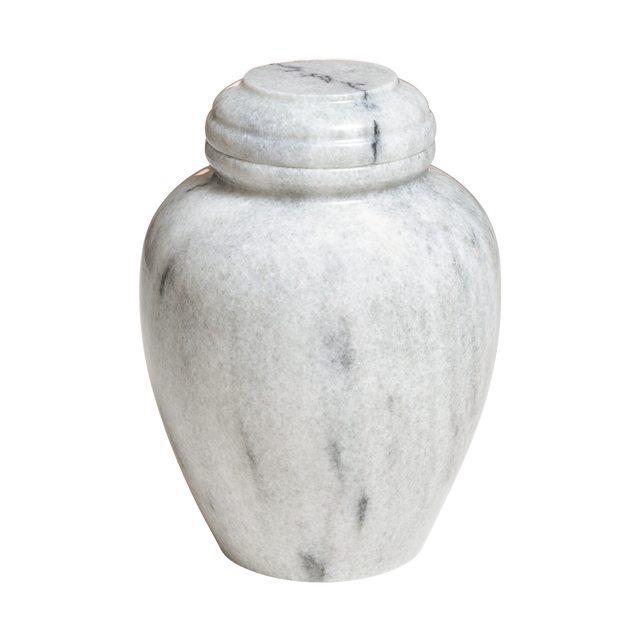 Carrera marble cremation urn with polished white natural stone and elegant gray flecking in a classic vase design