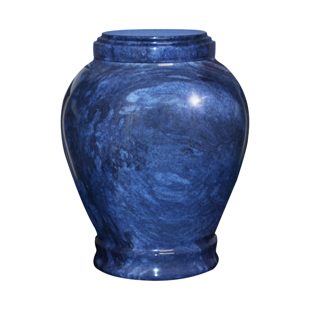 Embrace Blue adult vase cremation urn crafted from vibrant blue natural marble with black veining and polished memorial design