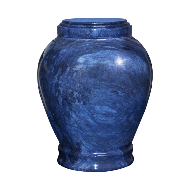 Embrace Blue adult vase cremation urn crafted from vibrant blue natural marble with black veining and polished memorial design