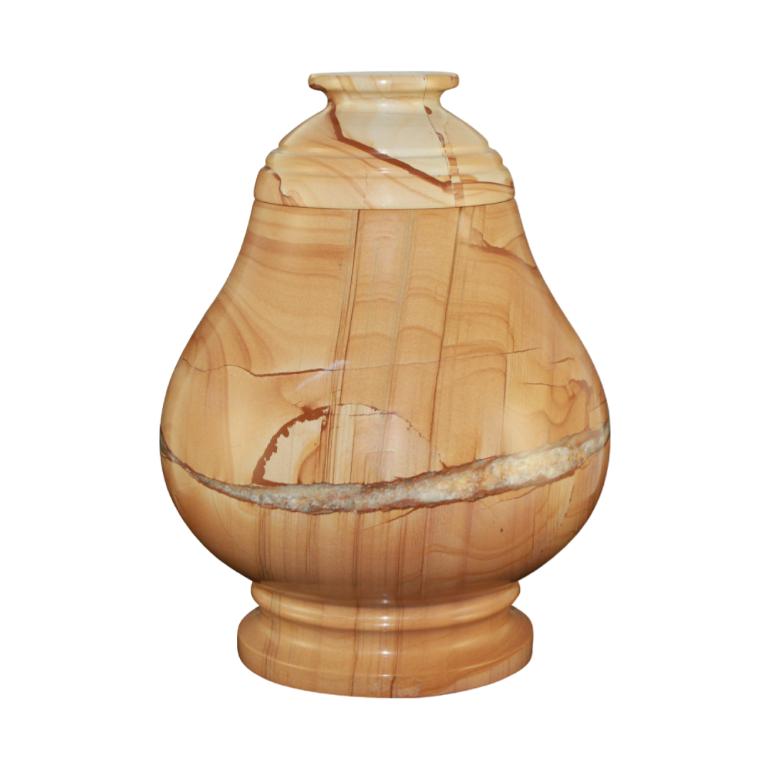 Equator Teak marble cremation urn with tan natural stone, dark brown and orange wood-like veining, and polished finish
