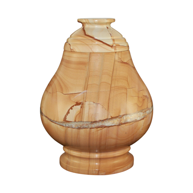 Equator Teak marble cremation urn with tan natural stone, dark brown and orange wood-like veining, and polished finish