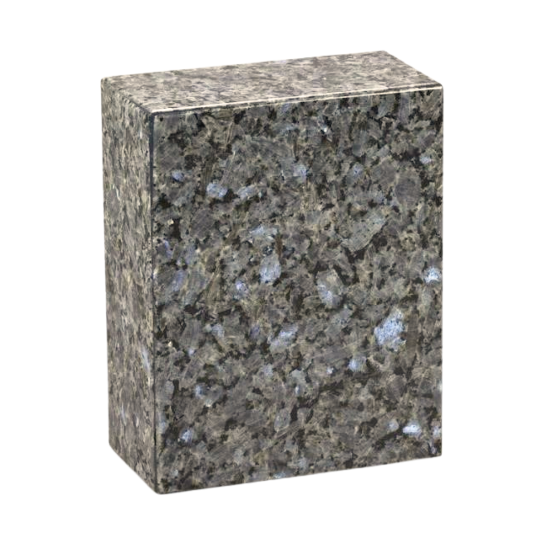 Rectangular Adult Urn of gray granite marble with a speckled pattern on a white background