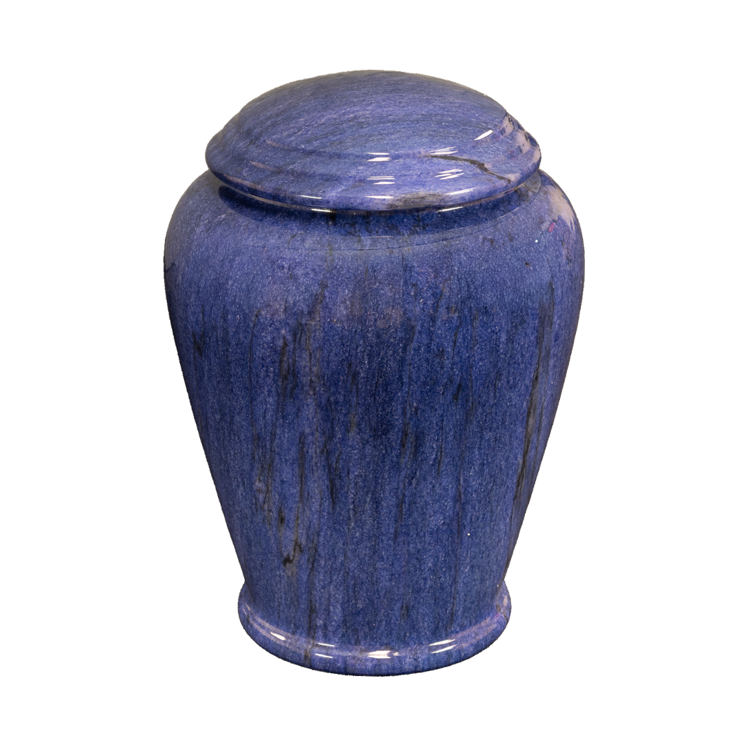 Jollity Blue Marble adult urn with deep denim-blue marble, soft natural veining, and elegant engraved memorial design