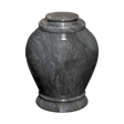 Ebony marble cremation urn with polished black natural stone featuring gray and white veining and a seamless finish
