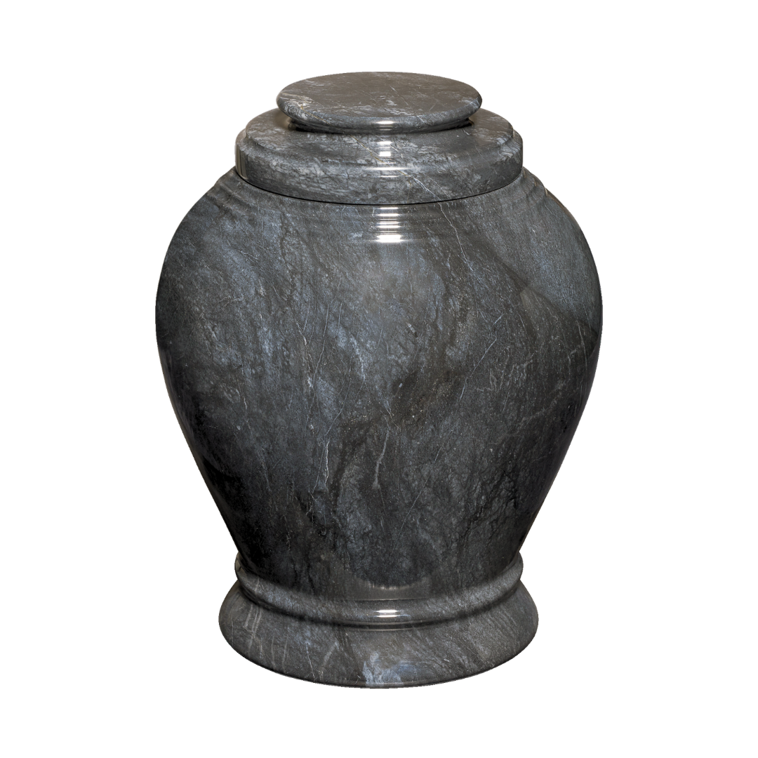 Ebony marble cremation urn with polished black natural stone featuring gray and white veining and a seamless finish