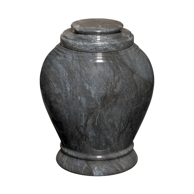 Ebony marble cremation urn with polished black natural stone featuring gray and white veining and a seamless finish
