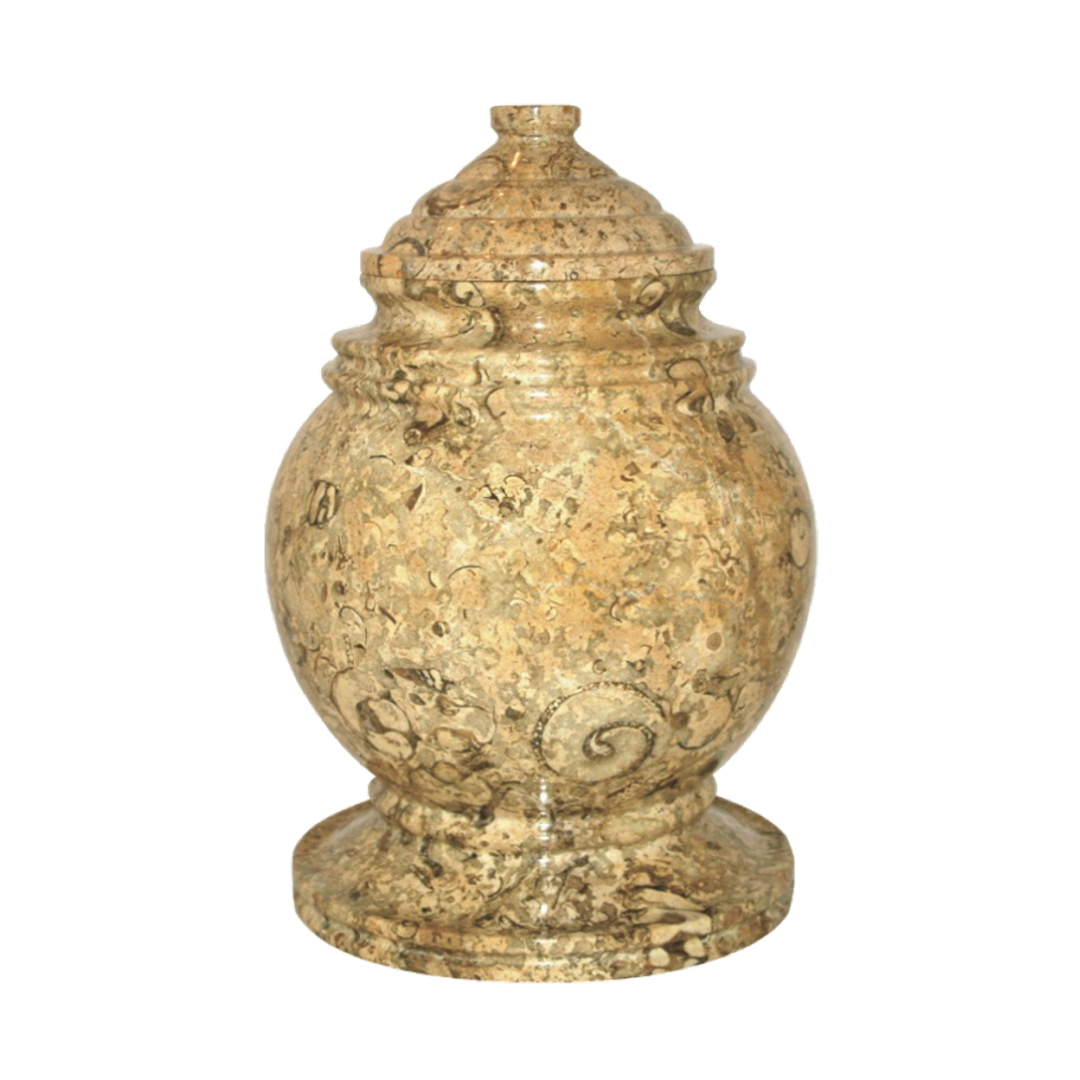 Princess Fossil Stone marble cremation urn with tan natural stone and unique fossilized marine patterns