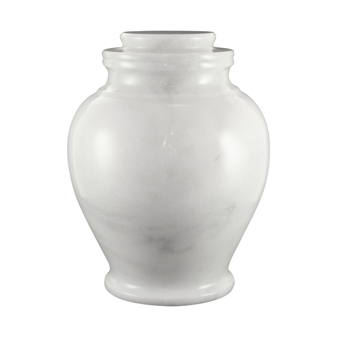 Serenity Antique White marble cremation urn with polished white natural stone and subtle gray veining