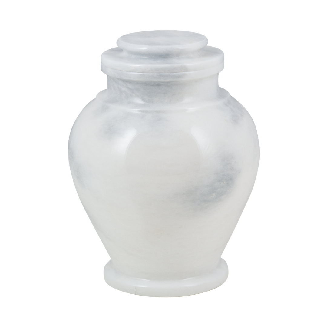 Serenity Antique White marble cremation urn with polished white natural stone and subtle gray veining