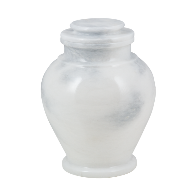 Serenity Antique White marble cremation urn with polished white natural stone and subtle gray veining