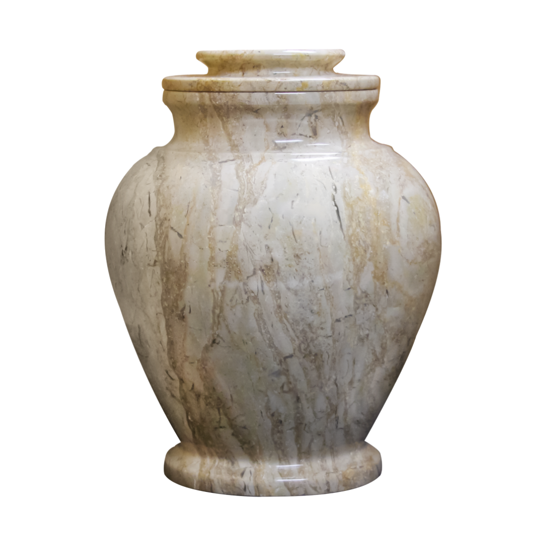 Serenity Cameo marble cremation urn with tan natural stone, brown and pink veining, and a seamless polished finish