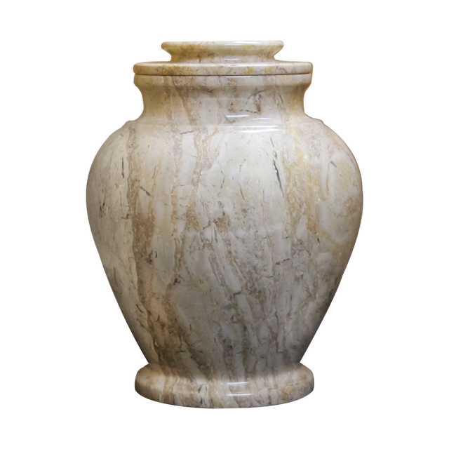 Serenity Cameo marble cremation urn with tan natural stone, brown and pink veining, and a seamless polished finish