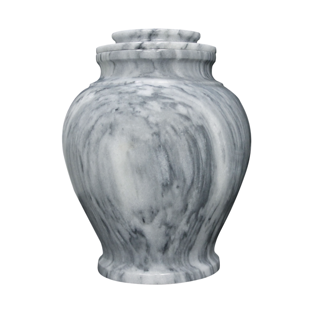 Serenity Cashmere Gray marble cremation urn with gray natural stone, white and black veining, and a polished finish