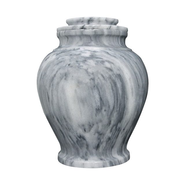 Serenity Cashmere Gray marble cremation urn with gray natural stone, white and black veining, and a polished finish