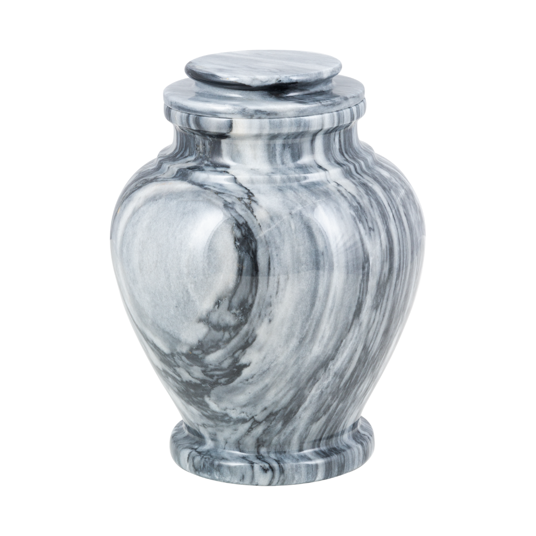 Serenity Cashmere Gray marble cremation urn with gray natural stone, white and black veining, and a polished finish