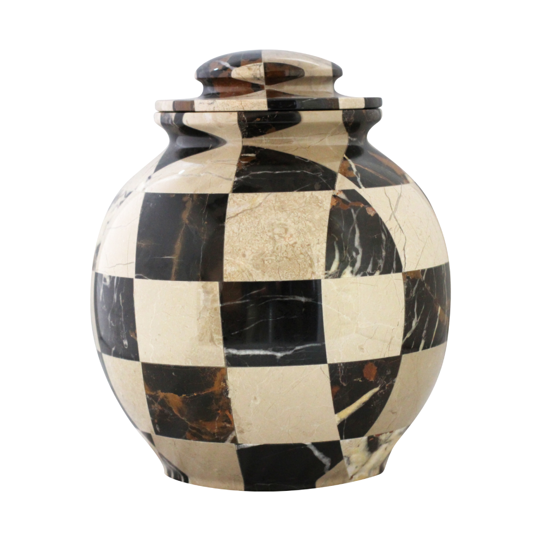 Triumph Cameo & King Gold mosaic marble cremation urn with handcrafted natural stone pattern and polished finish