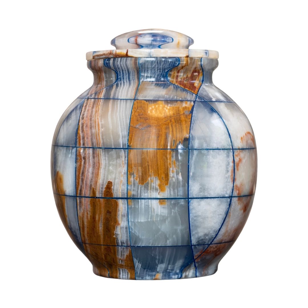 Triumph Onyx Blue mosaic marble cremation urn with handcrafted multicolor onyx stone in red, brown, green, and blue tones