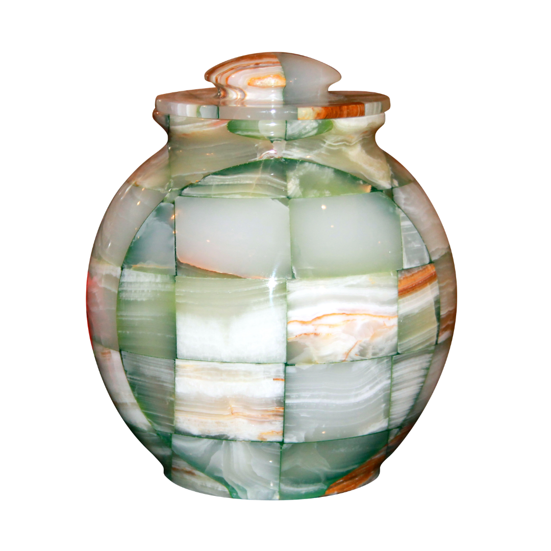 Triumph Onyx Green mosaic marble cremation urn with handcrafted multicolor onyx in red, brown, and green tones