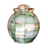 Triumph Onyx Green mosaic marble cremation urn with handcrafted multicolor onyx in red, brown, and green tones