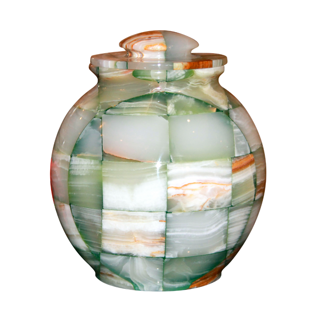 Triumph Onyx Green mosaic marble cremation urn with handcrafted multicolor onyx in red, brown, and green tones