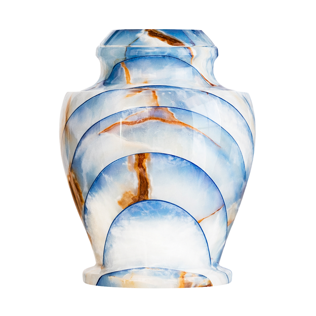 Carpel Blue Onyx cremation urn with polished radiant blue natural stone, layered cloud patterns, and warm brown marbling