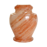 Carpel Himalayan Rock Salt cremation urn with polished warm terracotta natural stone and white marbled veining in a vase design
