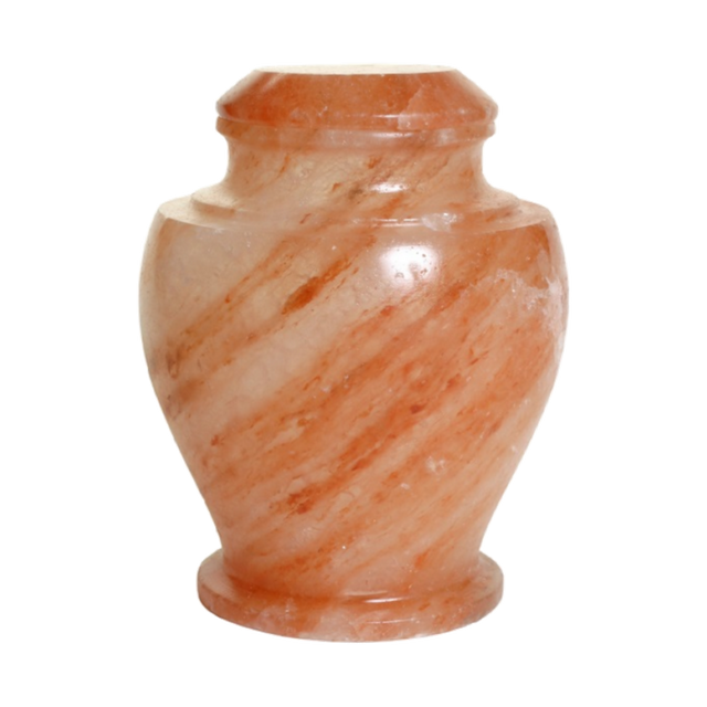Carpel Himalayan Rock Salt cremation urn with polished warm terracotta natural stone and white marbled veining in a vase design
