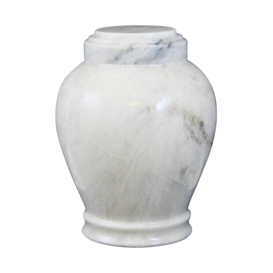 Embrace White marble cremation urn with polished white natural stone and soft gray veining in a modern contemporary design